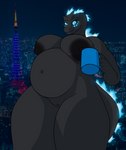 anthro big_breasts black_body breasts container cup female fupa glowing inflation nipples non-mammal_breasts non-mammal_nipples pregnant pregnant_anthro pregnant_female scales solo thick_thighs tokyo the0blank0slate godzilla_(series) toho godzilla lizard reptile scalie hi_res