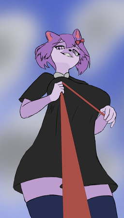 5_fingers accessory anthro black_clothing black_dress black_nose bow_ribbon breasts clothed clothing dress female fingers fur gloves_(marking) hair hair_accessory hair_bow hair_ribbon leash leash_pull legwear looking_down markings multicolored_body multicolored_fur purple_body purple_eyes purple_fur purple_hair ribbons simple_background smile solo stockings teeth white_body white_fur krinzhovnik vkontakte masyunya_(vkontakte) domestic_cat felid feline felis mammal 2022 traced