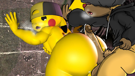 2d_on_3d afro anthro anthro_on_anthro backwards_hat balls big_butt big_penis black_clothing black_ear_tips black_hair black_hoodie black_sclera black_topwear bodily_fluids bottomless bottomless_anthro bottomless_male brown_body brown_fur butt cheek_spots clothed clothing cum dipstick_ears duo ear_markings from_behind_position fur genital_fluids genitals glans hair hair_over_eyes hand_on_chest hand_on_own_chest hand_on_own_pec hand_on_pec hand_on_wall hat hat_only headgear headgear_only headwear headwear_only hoodie hoodie_only hot_dogging huge_butt humanoid_genitalia humanoid_penis leaking_cum looking_back male male/male mostly_nude mostly_nude_anthro mostly_nude_male multicolored_ears one_eye_closed open_mouth penis raised_tail red_nose sex steamy_breath tail topwear topwear_only white_eyes astro_catmew hyenakenisis nintendo pokemon ty_kenisis generation_1_pokemon generation_3_pokemon pikachu pokemon_(species) poochyena 16:9 3d_(artwork) digital_drawing_(artwork) digital_media_(artwork) hi_res mixed_media widescreen