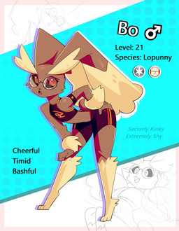 anthro armband bottomwear clothing crop_top eyewear femboy glasses hand_on_butt heart_symbol leaning leaning_forward looking_at_viewer male midriff shirt shorts solo text topwear unsigned zinnick nintendo pokemon fan_character generation_4_pokemon lopunny pokemon_(species) absurd_res english_text hi_res model_sheet