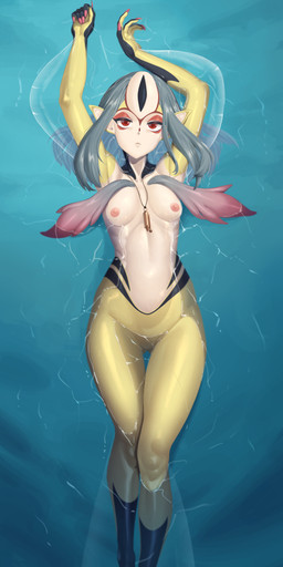 5_fingers arm_fin bent_arm bent_leg black_markings breasts chest_tuft claws colored_nails expressionless eyeshadow featureless_crotch featureless_feet feet female fin fingers floating floating_on_water forehead_mark grey_hair hair hands_above_head head_markings jewelry leg_fins lighter long_hair looking_at_viewer makeup markings monster_girl_(genre) multicolored_body nails necklace nipples nude partially_submerged pink_nails pointy_ears red_eyes red_eyeshadow red_markings sea sharp_nails small_breasts solo tuft water white_body yellow_body incloud blue_submarine_no._6 mutio animal_humanoid aquatic aquatic_humanoid humanoid hybrid absurd_res full-length_portrait hi_res portrait