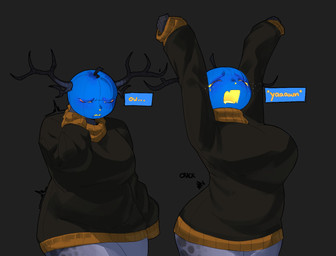 antlers back_cracking back_pain big_breasts breasts clothing crossgender curvy_figure eyes_closed female food for_a_head fruit horn hourglass_figure mtf_crossgender open_mouth plant pumpkin pumpkin_head solo sweater text thick_thighs topwear turtleneck yawn eirlysdababy forsaken_(roblox) roblox dusekkar deer humanoid mammal object_head comment_chain hi_res lol_comments