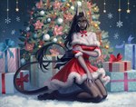 anthro black_hair black_sclera blue_eyes christmas_tree clothing dress ear_piercing eyelashes fangs female gift grey_body hair holidays kneeling long_hair looking_at_viewer mouth_closed piercing plant red_clothing red_dress solo tail tail_tuft teeth text tree tuft white_body marie_merkh christmas felid mammal absurd_res artist_name english_text hi_res signature