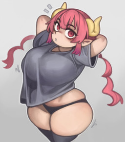 2_horns big_breasts black_clothing black_panties black_underwear breasts clothed clothed_female clothed_humanoid clothing curvy_figure emanata eyebrow_through_hair eyebrows eyelashes female female_humanoid front_view grey_clothing grey_shirt grey_topwear hair hands_behind_head horn hourglass_figure huge_breasts huge_thighs humanoid_pointy_ears legwear light_body light_skin looking_at_viewer panties pink_eyes pink_hair pointy_ears pose shirt short_stack simple_background small_waist solo thick_thighs thigh_highs topwear translucent translucent_hair underwear white_sclera kelvin_hiu miss_kobayashi's_dragon_maid mythology ilulu animal_humanoid dragon dragon_humanoid horned_humanoid humanoid mythological_creature mythological_scalie scalie 2025 digital_media_(artwork) hi_res pinup portrait three-quarter_portrait