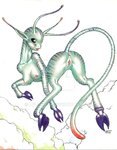 antennae_(anatomy) anus black_sclera breasts butt cloud female feral flying genitals green_body green_skin hooves long_ears long_tail nipples open_mouth pink_nipples pussy solo tail lvl9drow alien nymph sky_nymph