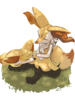 3_fingers 3_toes ambiguous_anthro ambiguous_feral ambiguous_gender anthro arm_tuft biped black_body black_fur black_nose blush cheek_tuft chest_tuft digitigrade dipstick_tail duo evolutionary_family eyelashes eyes_closed facial_tuft feet feral fingers front_view fur grass high-angle_view hip_tuft inner_ear_fluff lying markings multicolored_body multicolored_fur nude_ambiguous nude_anthro object_in_tail on_front on_model orange_body orange_fur orange_inner_ear_fluff orange_nose orange_tail_tip outside plant quadruped shoulder_tuft simple_background sitting snout stick stick_in_tail tail tail_markings three-quarter_view toes tuft two_tone_tail white_background white_body white_fur yellow_body yellow_fur yellow_tail ikei nintendo pokemon braixen canid fennekin generation_6_pokemon mammal pokemon_(species) 2021 3:4 colored digital_media_(artwork) digital_painting_(artwork) full-length_portrait hi_res painting_(artwork) portrait shaded signature