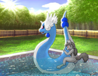 anus balls blue_body blue_skin cloud collar detailed_background digitigrade duo ear_piercing erection feathered_wings feathers female female_penetrated feral from_behind_position genitals head_wings interspecies larger_female larger_penetrated larger_sub light male male/female male_penetrating male_penetrating_female nude outside partially_submerged penetration penile penile_penetration penis penis_in_vagina piercing pink_eyes pokephilia red_eyes serpentine sex size_difference sky smaller_male spiked_collar spikes submissive sun sunlight swimming_pool tongue tongue_out unusual_wing_placement vaginal vaginal_penetration water wings zevex nintendo pokemon canid canine dragonair generation_1_pokemon mammal pokemon_(species)