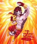 accessory anthro barefoot beard bright_background brown_eyes brown_hair chest_tuft clothed clothing facial_hair feet fighting_pose hair headband looking_up male medal nipples pose solo topless tuft tonydunkel canid canine canis domestic_dog mammal hi_res