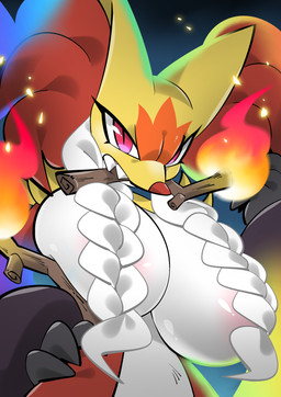 anthro anthrofied areola areola_slip big_breasts braided_hair breasts female fire glaring_at_viewer hair huge_breasts pink_areola pokemorph solo monodie nintendo pokemon pokemon_legends_z-a generation_9_pokemon mega_delphox mega_evolution pokemon_(species) absurd_res hi_res