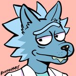 alternate_species clothing coat furrification hair lab_coat male simple_background smile solo spiky_hair topwear rickxoxomorty adult_swim cartoon_network rick_and_morty rick_sanchez canid canine canis mammal wolf 1:1