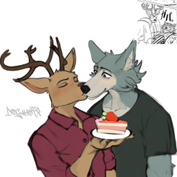 anthro blush cake clothing dessert duo food kiss_on_cheek kissing male male/male romantic romantic_couple simple_background dogahotx beastars legoshi_(beastars) louis_(beastars) deer mammal 1:1 hi_res
