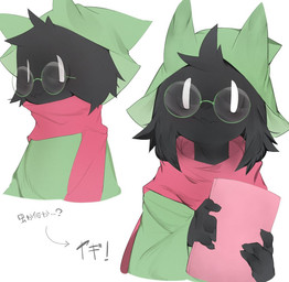 4_fingers ambiguous_gender anthro black_body black_fur blush book clothed clothing eyewear fingers fur glasses hat headgear headwear horn looking_at_viewer looking_away scarf simple_background smile solo standing text white_background white_eyes wizard_hat young young_ambiguous young_anthro 9999gpera deltarune undertale_(series) ralsei bovid caprine darkner goat mammal 2019 digital_media_(artwork) japanese_text