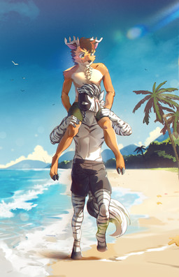 antlers black_hooves bottomwear carrying_another clothed clothing cloven_hooves digitigrade duo eye_contact fur green_eyes hooves horn lens_flare looking_at_another male male/male markings multicolored_body multicolored_fur muscular on_shoulders outside palm_tree piggyback plant romantic romantic_couple sand sea shoreline standing striped_body striped_fur stripes summer swimming_trunks swimwear tail topless tree two_tone_body two_tone_fur water white_body kurulz dashing asterozoan cervine deer echinoderm equid equine mammal marine starfish zebra hi_res