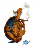 anthro areola breasts elderly elderly_female exhaling_smoke female half_naked half_naked_female holding_object holding_pipe mature_female mostly_nude nipples non-mammal_breasts sagging_breasts scarf scarf_only shell simple_background smoking smoking_pipe solo teapot turtle_shell white_background molvno reptile scalie turtle hi_res