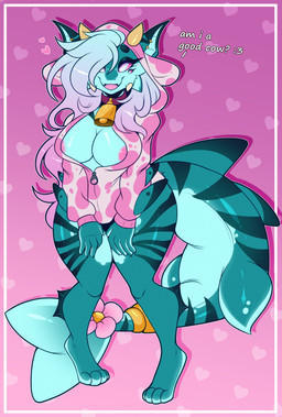 4_eyes 4_toes accessory animal_hood animal_print anthro areola areola_slip big_breasts black_clothing black_panties black_underwear blue_hair border breasts clothing collar cow_print cowbell dialogue ear_piercing fake_ears fake_horns fangs feet female fin fish_tail flesh_fang flower_accessory furgonomics glistening glistening_body gradient_hair hair heart_background hoodie jewelry long_hair looking_at_viewer markings multi_eye nipples non-mammal_breasts non-mammal_nipples open_mouth open_smile panties piercing pink_areola pink_background pink_clothing pink_hair pink_hoodie pink_sclera pink_topwear purple_collar ring shark_tail simple_background smile smiling_at_viewer solo striped_body striped_legs striped_markings striped_tail stripes tail tail_accessory tail_jewelry tail_markings tail_ring talking_to_viewer teal_body teeth text thick_tail thick_thighs toes topwear underwear white_border white_eyes wide_hips zipper_down springycharna fish marine shark absurd_res digital_drawing_(artwork) digital_media_(artwork) english_text full-length_portrait hi_res portrait