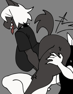 5_fingers anthro anthro_on_anthro big_breasts black_clothing black_shirt black_topwear bottomless bottomless_anthro bottomless_female breasts clothed clothing collar duo facesitting female female/female female_anthro fingers fur grey_background grey_body grey_ears grey_fur grey_tail hair hanging_breasts huge_breasts huge_thighs interspecies sharp_teeth shirt side_view simple_background sitting_on_another spiked_collar spikes tail tail_motion tailwag teeth thick_thighs tongue tongue_out topwear white_body white_ears white_hair white_tail xarop77 catwitch_(xarop77) sheep_(xarop77) canid canine canis domestic_cat felid feline felis mammal wolf 2025 digital_drawing_(artwork) digital_media_(artwork)