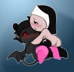 anus balls black_body black_sclera blush clothed clothing crossdressing dark_body duo fangs genitals horn legwear male male/male not_furry nun pupils red_eyes stockings teeth thigh_highs white_pupils wings suspendedpain the_binding_of_isaac_(series) azazel_(tboi) isaac_(tboi) demon human humanoid mammal hi_res