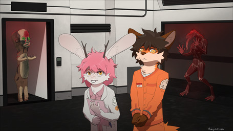 anthro antlers brown_body brown_fur buckteeth clothing containment_breach countershading duo feral folder fur horn imminent_death male prison_uniform prisoner red_body red_skin scientist sculpture shirt statue teeth topwear white_body white_fur yellow_eyes young conditional_dnp orenjisalmonpaw scp_foundation untitled_2004 d-class devon_littlepaws scp-173 canid canine deer fox jackalope lagomorph leporid mammal monster rabbit red_fox scp-939 true_fox absurd_res hi_res