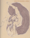 anthro big_tail butt dipstick_tail ear_piercing female flexible handstand looking_at_viewer markings nude on_one_hand piercing solo tail tail_markings ajna canid canine fennec_fox fox mammal true_fox monochrome traditional_media_(artwork)