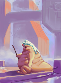 ambiguous_gender anthro belly big_belly big_tail black_eyes building duo eyes_closed improvised_weapon melee_weapon obese orange_body overweight overweight_ambiguous overweight_anthro polearm rebar spear tail weapon white_body young citrusslugcat rain_world videocult gourmand_(rain_world) slugcat slugpup_(rainworld) low_res