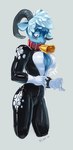 anthro bell bell_collar biped breasts clothed clothing collar cowbell female hair horn latex latex_clothing latex_skinsuit red_collar rubber_clothing simple_background skinsuit solo tight_clothing peskybatfish bovid caprine goat mammal 2022 hi_res