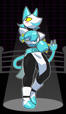 anthro black_body blue_body blue_hair blush blush_stickers boxing_gloves clothing dress empty_eyes eyelashes female fighting_ring floating_hands footwear geometric_background hair handwear machine plug shirt_collar shoes simple_background smile solo spotlight white_body white_clothing yellow_eyes dcheese deltarune undertale_(series) tasque_manager darkner felid feline mammal robot 2021 absurd_res digital_media_(artwork) hi_res
