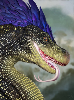ambiguous_gender black_body black_scales blurred_background feral forked_tongue green_body green_scales head_feathers looking_at_viewer open_mouth orange_eyes scales sharp_teeth side_view solo teeth tongue tongue_out khyaber mythology dragon mythological_creature mythological_scalie scalie detailed hi_res