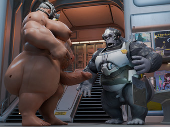 anthro armor balls big_penis black_body black_fur clothed clothing detailed_background dropping_object duo erection eyewear fur gas_mask genitals gesture glasses grey_body hand_gesture headgear humiliation looking_down male mask nude overweight overweight_male partially_clothed penis penis_humiliation pointing pointing_at_penis shocked small_penis small_penis_humiliation standing tablet tattoo oddo blizzard_entertainment overwatch roadhog_(overwatch) winston_(overwatch) ape gorilla haplorhine human mammal primate 3d_(artwork) digital_media_(artwork) hi_res huge_filesize