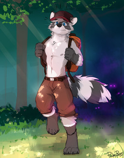 4_toes anklet anthro backpack barefoot belt black_nose blue_eyes bottomwear brown_belt brown_bottomwear brown_clothing brown_pants cheek_tuft chest_tuft claws clothed clothing facial_tuft feet fluffy fluffy_tail forest front_view fur glistening glistening_eyes gloves_(marking) grass grey_body grey_fur grey_hair hair jewelry leg_markings male markings navel orange_backpack outside pants paws plant socks_(marking) solo standing striped_body striped_fur striped_markings striped_tail stripes tail tail_markings toe_claws toes topless tree tuft whiskers white_body white_fur pache_riggs riggs_(pache_riggs) mammal procyonid raccoon absurd_res full-length_portrait hi_res portrait signature