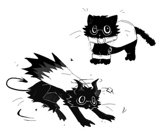 3_toes ambiguous_gender black_body black_eyes black_fur black_hair bound chain chained claws cloak clothing collar cuff_(restraint) e.g.o. emanata eyewear feet feral fur glasses hair half-rim_glasses horn messy_hair messy_tail pupils restrained restraints simple_background solo spade_tail tail toes white_background white_nose white_pupils boredxiao limbus_company project_moon sora_(limbus_company) domestic_cat felid feline felis mammal 2026 black_and_white monochrome female_(lore)