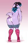 anthro anthrofied black_hair black_nose blue_hair bottomwear breasts butt clothed clothing countershading eyewear female footwear fur glasses hair knee_highs knee_socks legwear looking_at_viewer looking_back multicolored_hair pattern_clothing pattern_legwear pink_background pink_body pink_fur pokemorph purple_eyes raised_tail rear_view ribbons shorts simple_background small_breasts socks solo striped_clothing striped_legwear stripes tail teeth text topless torn_clothing two_tone_hair undressing white_background white_body white_fur kittydee nintendo pokemon trixxie_(matttheumbreon) espurr felid generation_6_pokemon mammal pokemon_(species) 2016 digital_media_(artwork) english_text full-length_portrait hi_res portrait signature