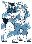 5_toes anthro bite briefs bulge clothing duo feet flexing fondling heart_symbol male male/male muscle_worship muscular muscular_male open_mouth smile standing tattoo toes underwear eda canid canine mammal hi_res restricted_palette