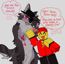 ambiguous_gender anthro black_body black_fur black_nose clothing delivery_(commerce) delivery_employee dialogue duo fedora food food_carrier food_delivery fur furgonomic_headwear furgonomics grey_background grey_body grey_fur happy hat headgear headwear male open_mouth petting pizza pizza_delivery pizza_delivery_carrier red_body red_clothing red_eyes red_fur red_hat red_headwear simple_background speech_bubble striped_body striped_fur stripes talking_to_viewer text thought_bubble yellow_body yellow_skin straw8errysyrup kaiju_paradise roblox work_at_a_pizza_place canid canine canis fed_(kaiju_paradise) gootraxian human mammal robloxian wolf 2026 digital_drawing_(artwork) digital_media_(artwork) english_text hi_res