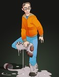 3_toes 5_fingers black_markings bottomwear brown_eyes brown_hair clothed clothed_human clothed_male clothing coat denim denim_bottomwear denim_clothing eyewear feet fingers fully_clothed gender_transformation glasses glistening goo_drip goo_transformation gradient_background grey_body hair human_to_anthro jeans leopard_spots looking_down_at_self male male_human markings mtf_transformation on_one_leg paint_can pants pawpads puddle shirt simple_background solo species_transformation spots standing toeless_(marking) toes topwear transformation white_body white_skin blackshirtboy human mammal 2013 colored shaded