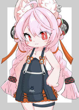 accessory anthro blush braided_hair ear_piercing ear_ring female female_anthro hair hair_accessory legband overall_dress piercing pink_body pink_hair red_eyes ring_piercing smile solo thighband young young_anthro young_female tabon mihoyo zenless_zone_zero zhao_(zenless_zone_zero) lagomorph leporid mammal rabbit absurd_res hi_res