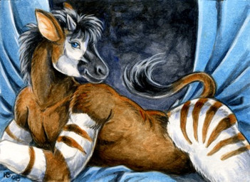 anthro biped black_body black_fur black_hair blue_eyes brown_body brown_fur fur hair horn looking_aside looking_at_viewer lying male nude on_front ossicone raised_tail side_view smile solo stripes tail tail_tuft tuft white_body white_fur heather_bruton giraffid mammal okapi low_res