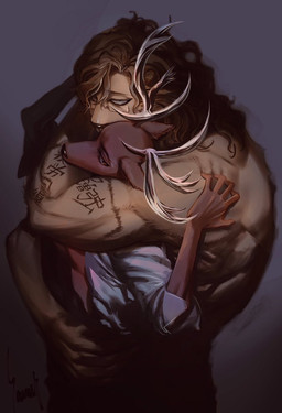 anthro antlers arm_tattoo biceps clothed clothing deep_skin duo eye_bags eyewear glasses half-closed_eyes horn hug hugging_another hugging_from_behind light looking_at_viewer male male/male mane messy_mane muscular muscular_male narrowed_eyes open_clothing open_shirt open_topwear predator/prey rolled_up_sleeves shadow shirt shoulder_grab tattoo text topless topwear torso_grab wearing_glasses white_dress_shirt freezingsammy beastars ibuki_(beastars) louis_(beastars) cervine deer felid lion mammal pantherine red_deer hi_res japanese_text lighting signature
