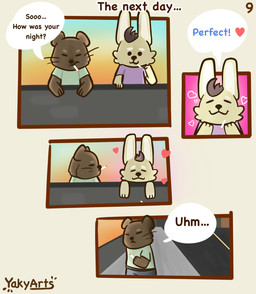 anthro clothed clothing comic_panel dialogue duo heart_symbol love male scut_tail short_tail smoking speech_bubble sunset tail text yakyarts jotty_(yakyarts) max_(yakyarts) lagomorph leporid mammal mustelid otter rabbit absurd_res comic english_text hi_res