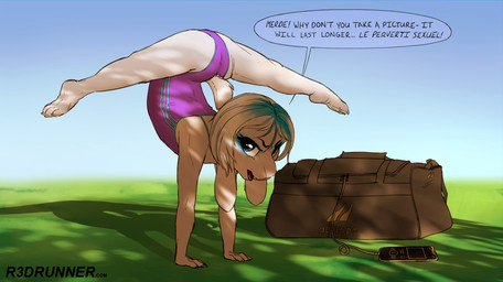 annoyed anthro athletic_wear blue_eyes blue_hair butt clothing dialogue embarrassed exercise exercise_clothing female fitness hair handstand leotard looking_at_viewer open_mouth outside public solo spread_legs spreading suggestive text upset white_hair workout yoga young young_anthro curtain_(artist) r3drunner lagomorph leporid mammal rabbit digital_media_(artwork) english_text
