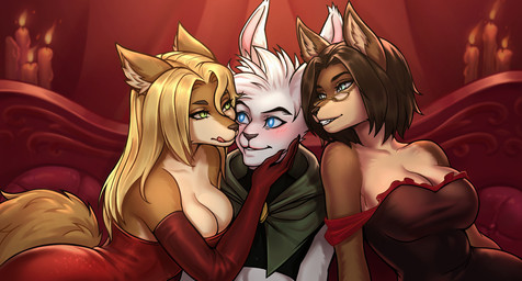 blonde_hair blue_eyes blush breasts brothel brown_body brown_fur brown_hair candle clothing collar detailed_background dress embarrased_horny eye_contact eyewear female fluffy fluffy_tail fur furniture glasses gloves green_collar green_eyes grey_eyes group hair hand_on_cheek handwear hug hugging_another looking_at_another male male/female pillow red_background red_clothing red_dress red_pillow red_sofa seductive seductive_mouth simple_background smile smiling_at_another sofa suggestive_pose tail tight_clothing tongue tongue_out trio white_body white_fur lustration_artist lustration_team astra:_ardent_show furlough_games foxes_(lustration_team) katai_(lustration_team) canid canine fox human lagomorph leporid mammal rabbit hi_res