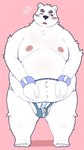 anthro balls_outline belly big_belly blush bulge clothing detailed_bulge genital_outline kemono male moobs navel nipples one_eye_closed overweight overweight_male penis_outline pink_background simple_background solo underwear menmen_kesinn bear mammal polar_bear ursine 2024 9:16 hi_res