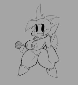 anthro anthrofied beakless bib big_breasts blush blush_stickers breasts chibi electronics fangs feathers female microphone mostly_nude naturally_censored nipple_tuft non-mammal_breasts shortstack smile solo tail tail_feathers teeth thick_thighs tuft wide_hips xytora five_nights_at_freddy's five_nights_at_freddy's_2 scottgames toy_chica_(fnaf) avian bird chicken galliform phasianid black_and_white greyscale hi_res monochrome