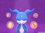 absurd_res anthro artifact bandai_namco blue_body digimental digimon digimon_(species) digivice english_text eyes_closed genshin_impact hi_res male menu mihoyo miracles mouth_closed praying purple_background signature simple_background solo space sparkles sphere star text veemon zeroglow