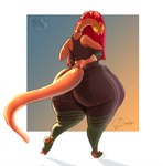 anthro big_butt bottomwear butt clothing female hair huge_butt leggings legwear orange_body pants red_hair shirt solo tail tank_top thick_thighs tight_clothing topwear wide_hipped_anthro wide_hipped_female wide_hips yellow_eyes yoga_pants bigoldoinks elyssa_(trinity-fate62) reptile scalie snake hi_res