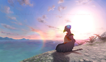 anthro black_body black_feathers braided_hair clothed clothing cloud eyes_closed feathers grass hair kneeling male plant sea seaside sitting sky solo sun water jennifer_young breath_of_the_wild nintendo the_legend_of_zelda mimo_(tloz) avian bird rito hi_res