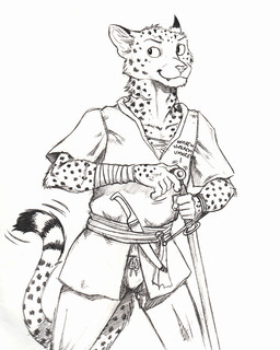 5_fingers anthro belt bottomwear clothing dagger fingers fur holding_melee_weapon holding_object holding_sword holding_weapon looking_aside male markings melee_weapon motion_lines pants scar shirt simple_background smile solo spots spotted_body spotted_fur standing striped_markings striped_tail stripes sword tail tail_markings tail_motion tailwag topwear weapon white_background wraps wrist_wraps 0laffson enorach_(0laffson) cheetah felid feline mammal 2018 sketch traditional_media_(artwork)