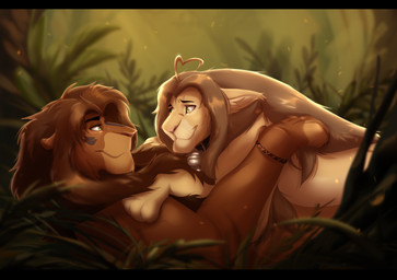 bell bell_collar collar cuddling duo eye_contact feral fur grass hair hug looking_at_another lying male male/male nature nature_background on_back outside plant smile nevvia kiro tellico_(character) felid feline lion mammal pantherine digital_drawing_(artwork) digital_media_(artwork) hi_res