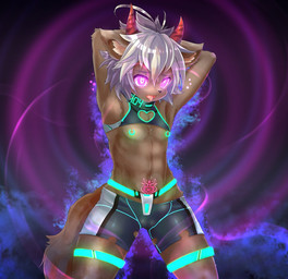 adolescent anthro armor balls_outline bangs black_background black_latex black_nose black_spandex blue_magic bodily_fluids bottomwear brown_body brown_ears brown_fur brown_tail bulge chest_tuft clothed clothing collar dazed detailed_bulge drooling ears_down erect_nipples erection erection_under_clothing exposed_armpit fur genital_outline glowing glowing_clothing glowing_eyes green_glow grey_hair hair hands_behind_head heart_clothing heart_symbol horn hypnosis inner_ear_fluff latex latex_bottomwear latex_clothing latex_shorts magic magical_tattoo male mind_control navel neon_lights nipple_piercing nipples open_mouth penis_outline piercing pivoted_ears purple_eyes purple_magic raised_arms red_horn ringed_eyes saliva shorts simple_background skimpy solo spandex spandex_clothing spandex_shorts tail tight_bottomwear tight_clothing tight_shorts tongue tongue_out torn_bottomwear torn_clothing torn_shorts tuft unconvincing_armor white_inner_ear_fluff womb_tattoo young young_anthro young_male kemorate canid canine canis mammal wolf portrait three-quarter_portrait