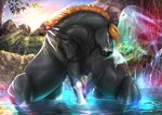 ambiguous_gender black_mane cuddling duo eyes_closed feral grey_body leg_markings mane markings mouth_closed orange_mane partially_submerged side_view socks_(marking) sunset water white_markings rufciu noir_(brave55) rufuz equid equine horse mammal 2023 dated hi_res signature