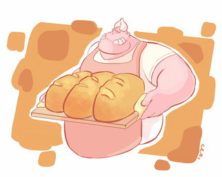 abstract_background apron bread clothed clothing eyes_closed food front_view horn humanoid_pointy_ears male mouth_closed overweight overweight_humanoid overweight_male pink_body pink_skin pointy_ears red_apron red_clothing shirt solo t-shirt topwear white_clothing white_horn white_shirt white_t-shirt white_topwear chocolateandmilk vincent_(chocolate-beverage) humanoid imp 2015 dated signature